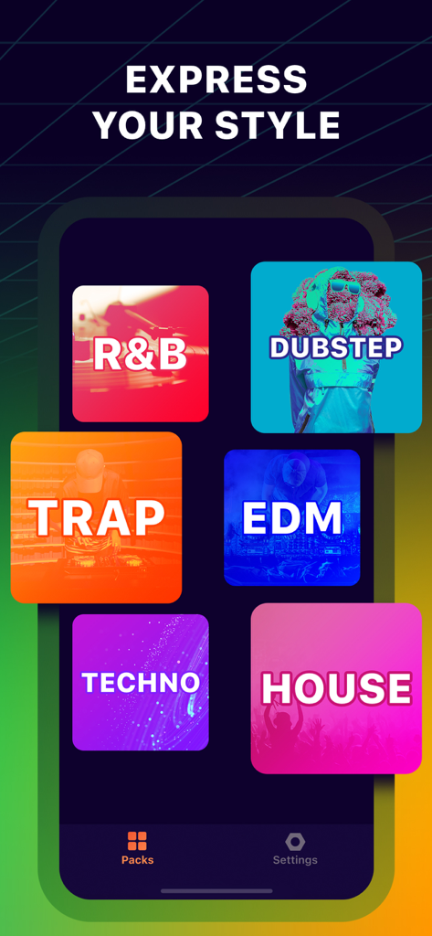 Interface de l'application Beat Jam montrant divers packs de sélection de genres musicaux, y compris R&B, Dubstep, Trap, EDM, Techno et House.