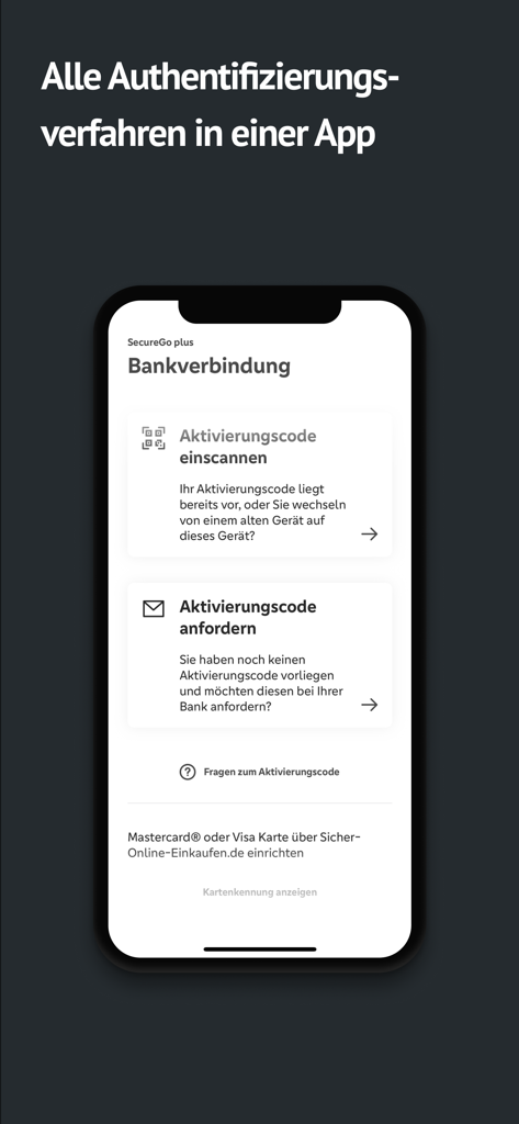 SecureGo plus app interface showing options to scan or request a bank activation code