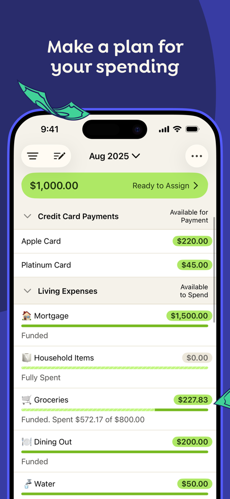 YNAB mobile app screen displaying a budget plan with spending categories and funded amounts