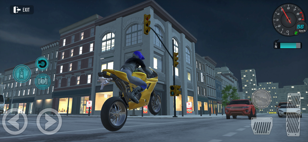 Motorcycle Driving Bike Racing - Yellow motorcycle performing a wheelie stunt in an urban city at night