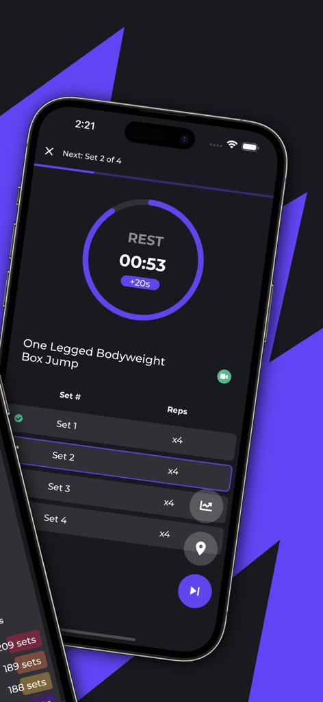 Smartphone display of the MyARC Fitness app showing a rest timer and set tracking for a bodyweight box jump workout