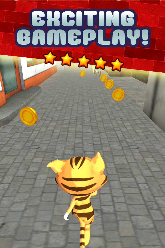 Happy City Animal Pet Game for Kids by Fun Puppy Dog Cat Rescue Animal Games FREE - A tabby cat character runs through a city street collecting gold coins in an exciting animal racing game