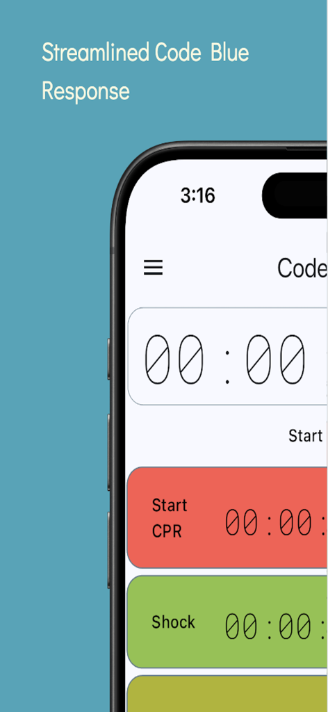 Code Blue: CPR Event Timer - Mobile interface of Code Blue app showing high contrast timers for CPR and cardiac shock events