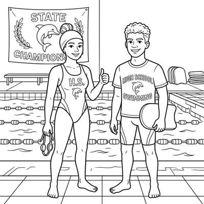 Celebrate the dedication and spirit of high school swimmers with this dynamic coloring page. Featuring two athletes by the pool, ready for their next scholastic aquatic competition.