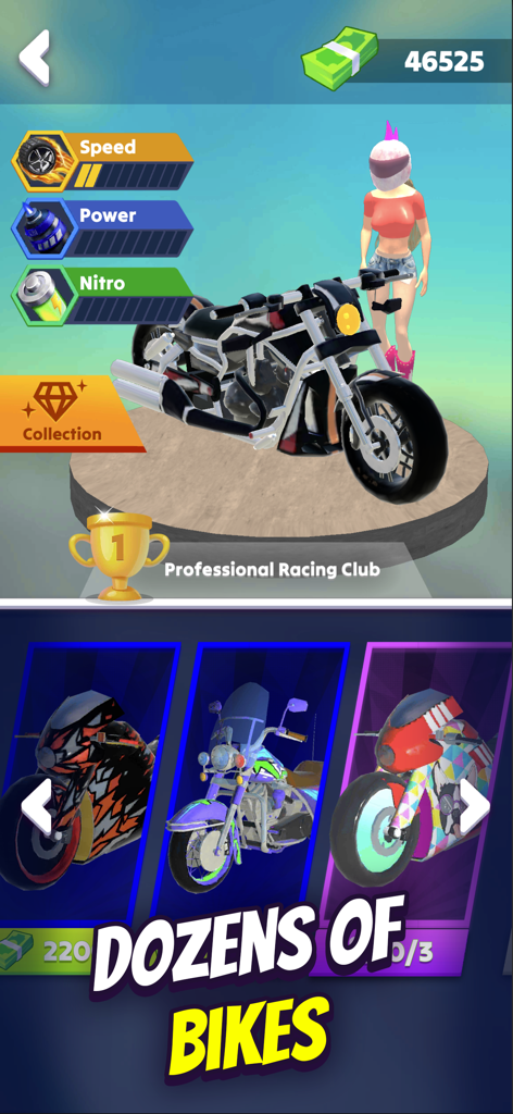 Wild Wheels: Bike Race - Menú de garaje en Wild Wheels Bike Race mostrando una motocicleta en un pedestal con estadísticas de velocidad, potencia y nitro, y una selección de otras motos.