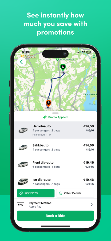 Menevä Taksi - Menevä Taksi app interface displaying discounted fixed prices for various vehicle types and Apple Pay integration.