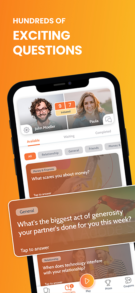 Couple Game App-Oberfläche, die verschiedene Beziehungsquizfragen und Kategorien für Partner anzeigt.