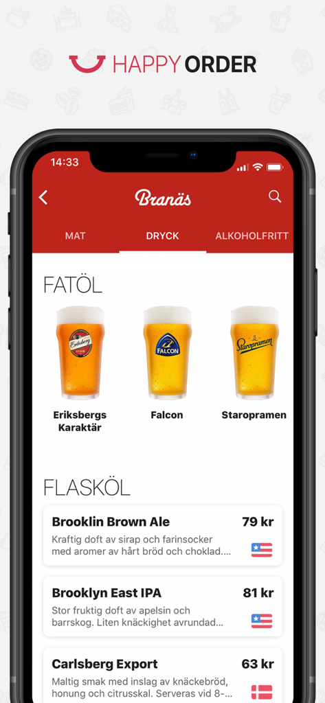 Mobile app interface of Happy Order showing a digital drink menu with draft and bottled beer options