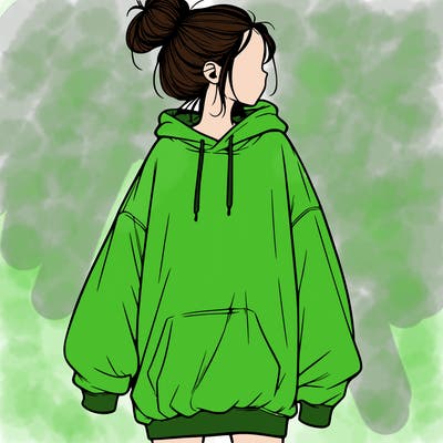 realistic girl with a oversized sweatshirt on and a bun