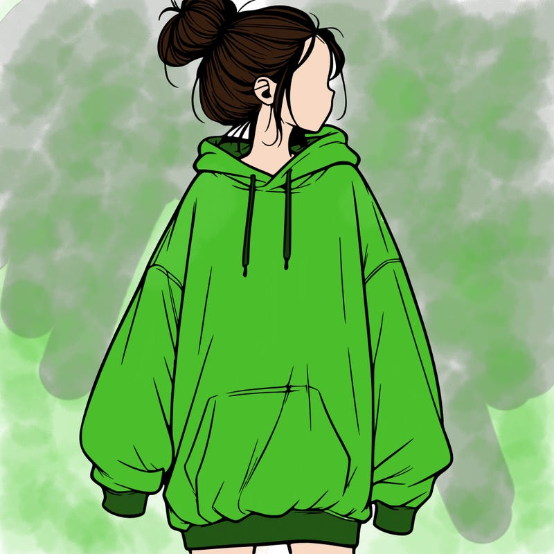 realistic girl with a oversized sweatshirt on and a bun