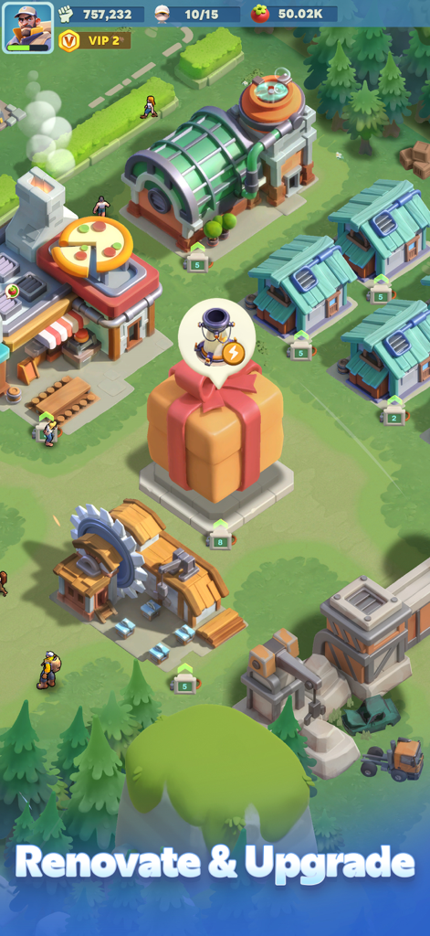 Captura de pantalla del juego de Tiles Survive que muestra edificios del refugio y supervivientes con el texto Renovar y Mejorar