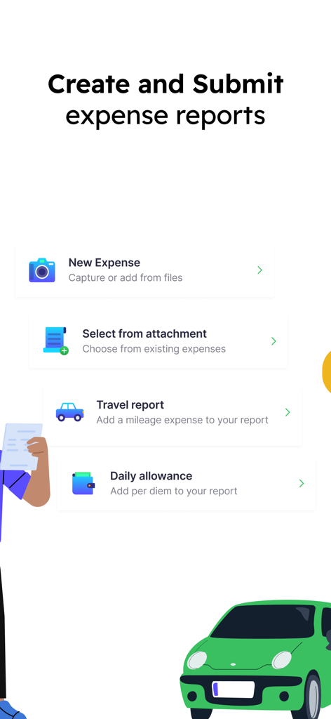 Interface for creating and submitting expense reports with options for new expenses and travel reports