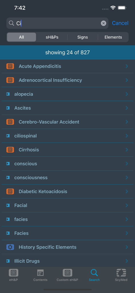 eH&P™ - eH&P医療アプリの検索インターフェース、疾患と臨床徴候のリストを表示
