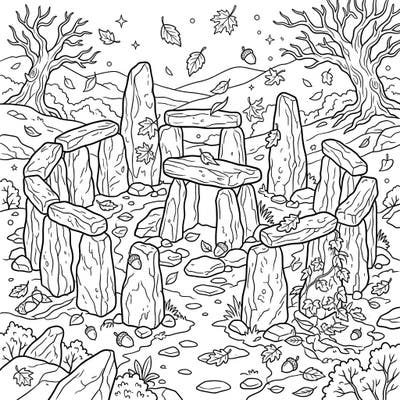 Uncover the mysteries of the past with this captivating coloring page featuring ancient prehistoric ruins. Immerse yourself in an autumnal setting, perfect for a relaxing and educational coloring session.