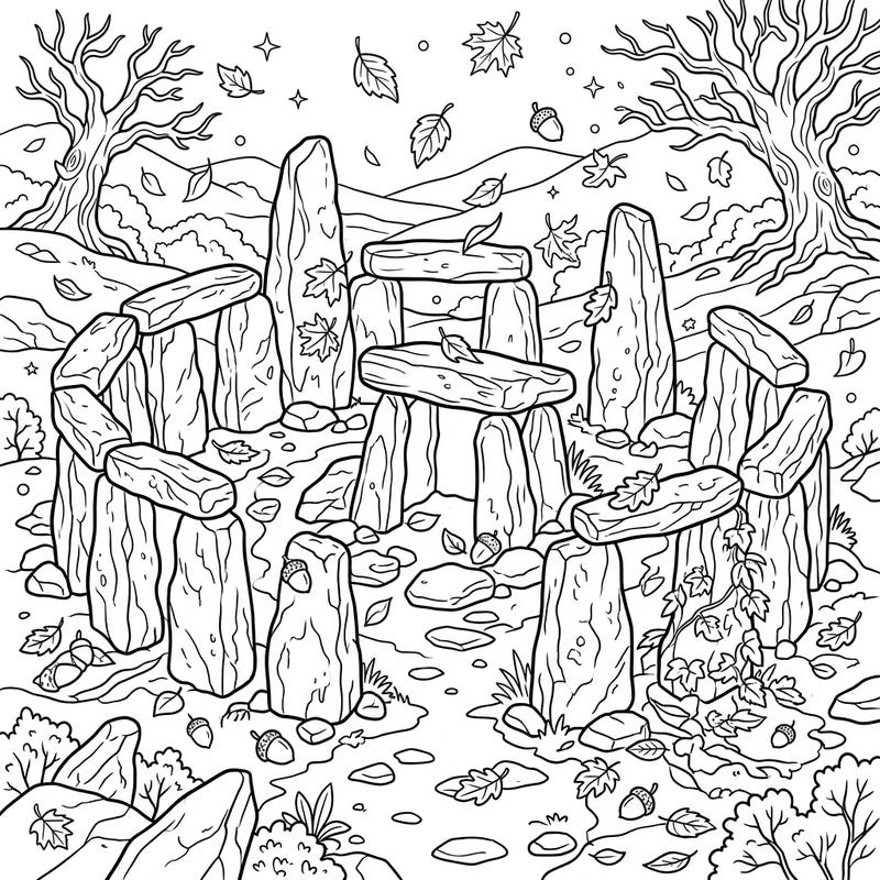 Uncover the mysteries of the past with this captivating coloring page featuring ancient prehistoric ruins. Immerse yourself in an autumnal setting, perfect for a relaxing and educational coloring session.