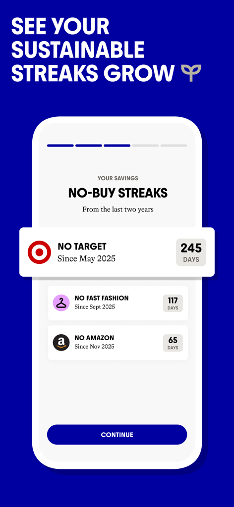 Commons app interface displaying no-buy streaks for Target, fast fashion and Amazon