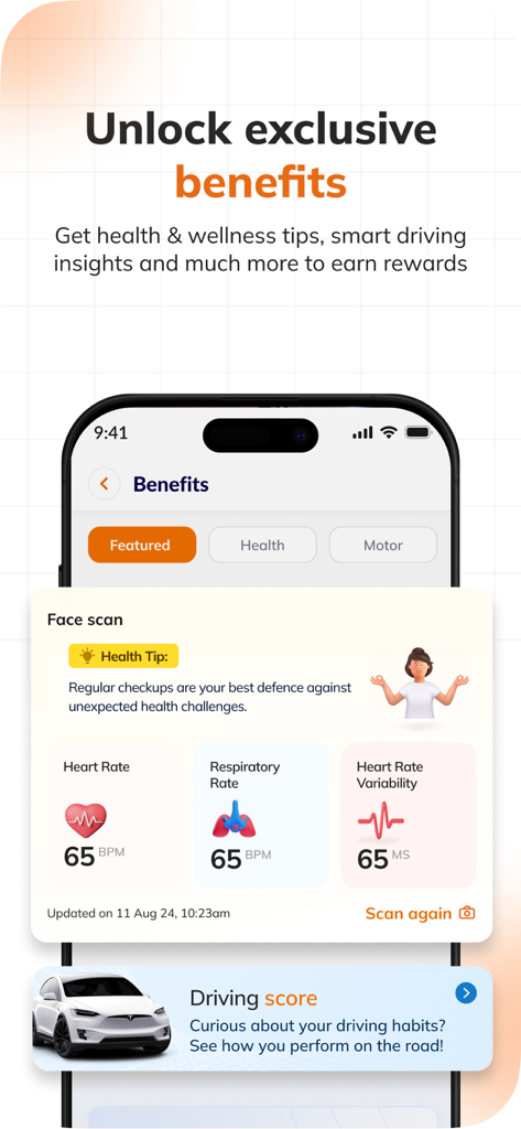 ILTakeCare app screen showing health metrics and driving score rewards
