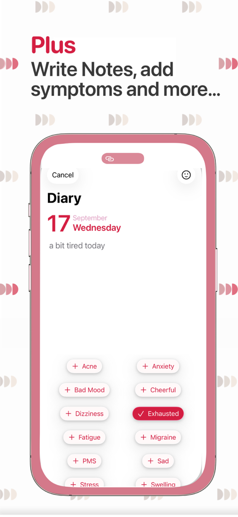 Contraceptive Ring Reminder + - Diary screen of the app showing options to track symptoms and add notes