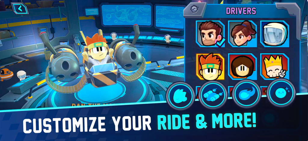 Jetpack Joyride Racing - Menú de personalización de personajes y vehículos en Jetpack Joyride Racing mostrando varios pilotos como Barry Steakfries y Dan
