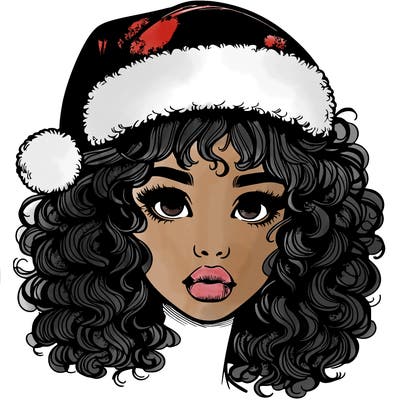 realistic girl with a santa hat curly hair and lips