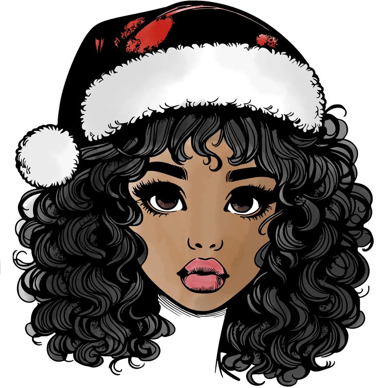 realistic girl with a santa hat curly hair and lips