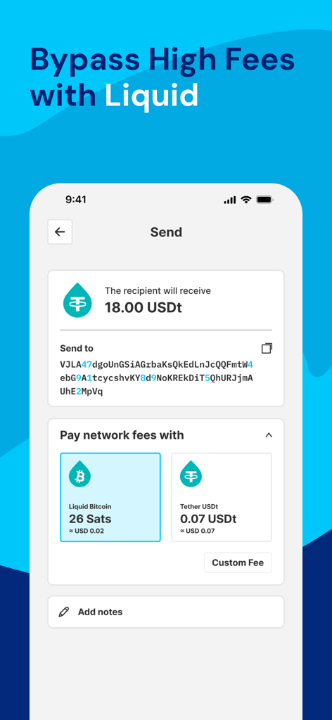 AQUA Wallet mobile app screen showing a USDt transfer with low fee payment options using Liquid Bitcoin or Tether