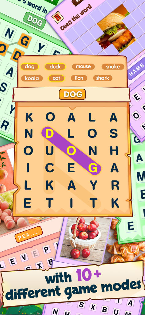 Word Search Tour: Link Letters - A collage showing multiple word search and puzzle game modes in the Word Search Tour app