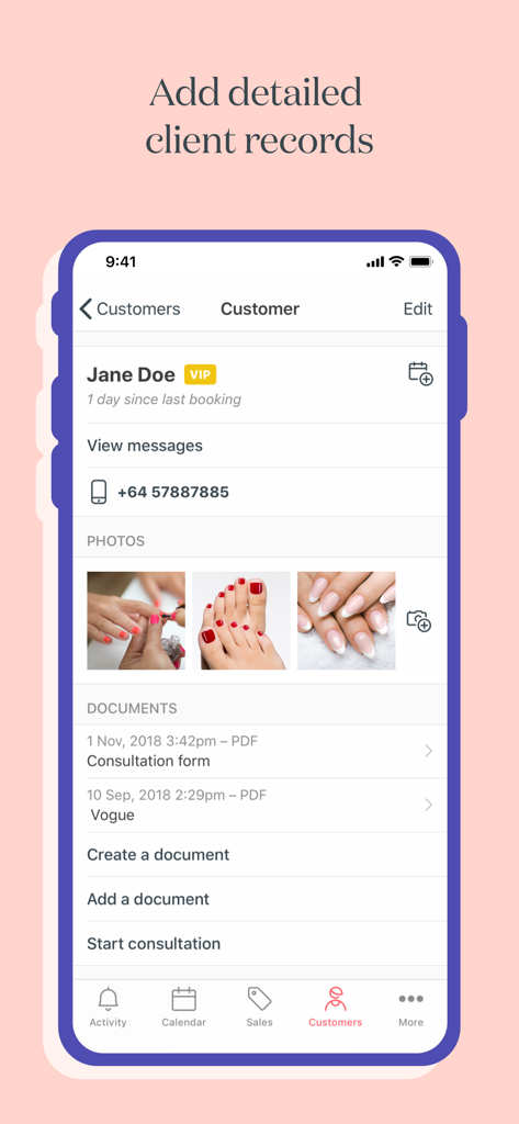 Timely – Bookings & payments - Mobile app screen showing a detailed client profile with photos and documents for beauty professionals