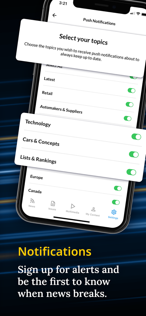 Automotive News - Automotive News app push notification settings for selecting industry alerts