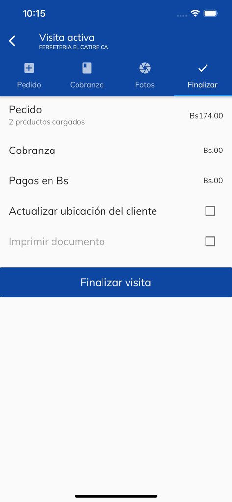 TecnoVentas - Interfaz de la aplicación TecnoVentas que muestra un resumen de una visita de ventas, incluyendo totales de pedidos y cobranzas