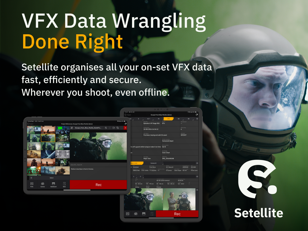 Setellite - Promotional graphic for Setellite VFX data wrangling app showing its iPad interface on a film set