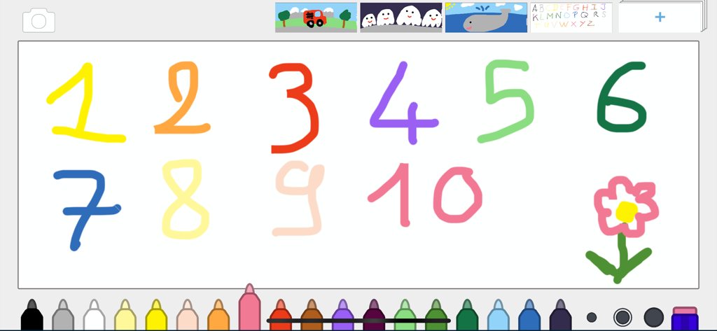 Digital canvas showing colorful handwritten numbers from one to ten and drawing tools for kids