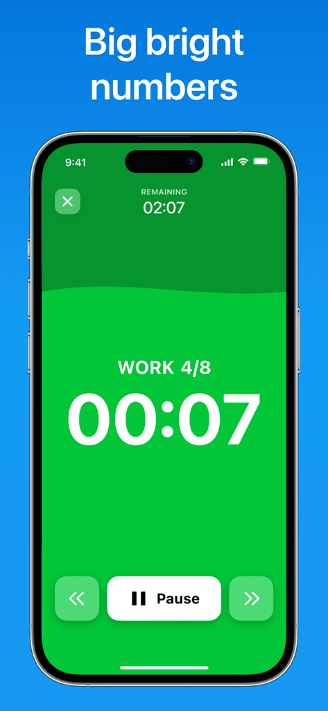 Interval Timer: Tabata & HIIT - HIIT interval timer interface with big bright numbers and green workout screen.