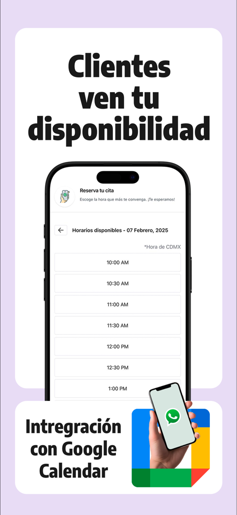 Confirmafy - Mobile app screen showing a list of available time slots for client booking with Google Calendar and WhatsApp integration icons.