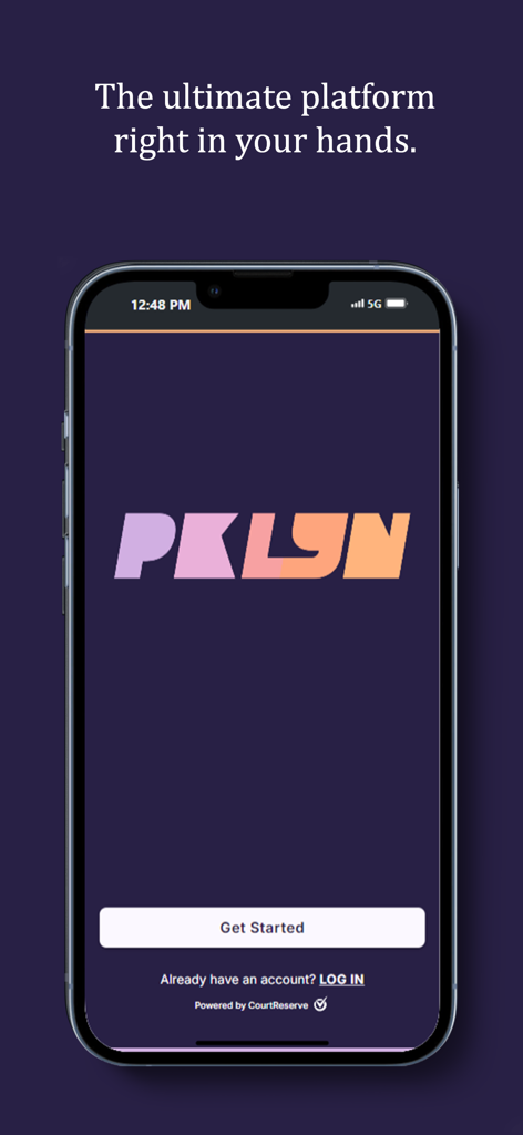 PKLYN pickleball app welcome screen featuring the logo and a get started button