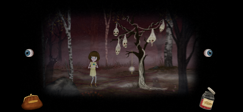 Fran Bow - Fran Bow standing in a dark forest near a tree with hanging heads and a glowing key