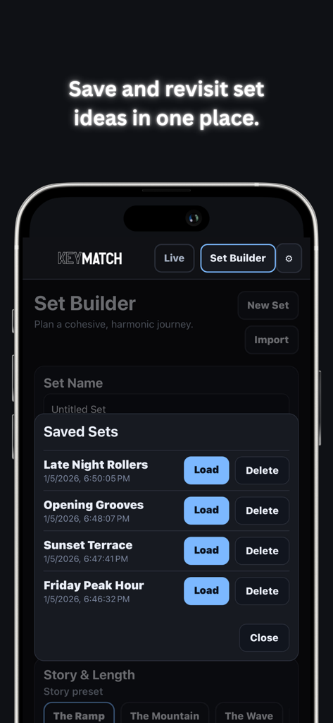 Mobile App-Oberfläche, die eine Liste gespeicherter DJ-Sets in der KeyMatch Set Builder-Funktion anzeigt.