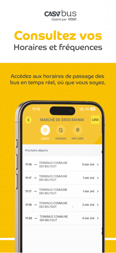 CASABUS - CASABUS app interface displaying real-time bus schedules and arrival times