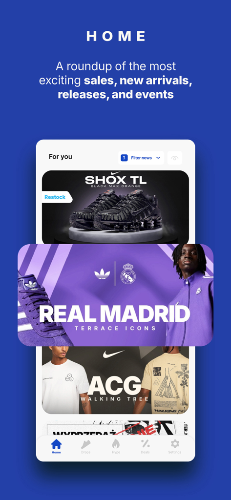 Dropsy: deals,sneakers,fashion - Dropsy app home screen showing the latest sneaker releases and fashion sales