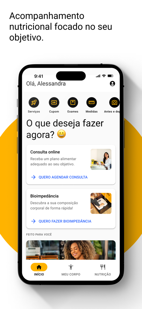 Smart Fit Nutri - Smart Fit Nutri mobile app home screen showing options for online nutritional consultations and bioimpedance analysis