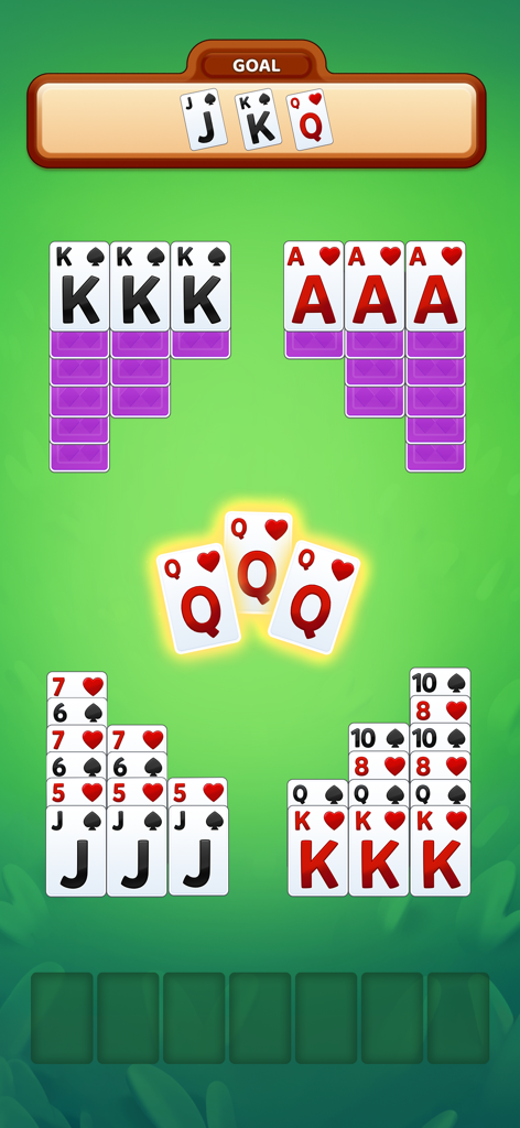 Card Match Solitaire - Ein mobiler Spielbildschirm von Card Match Solitaire, der Kartenstapel und Matching-Mechaniken auf einem grünen Hintergrund zeigt