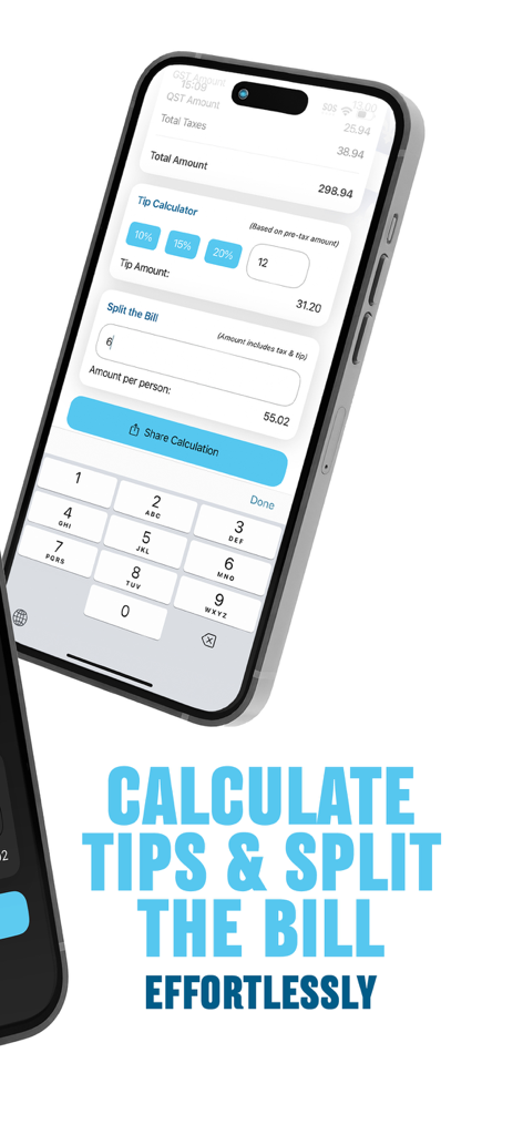 Interface for calculating tips and splitting bills in the Quebec tax app