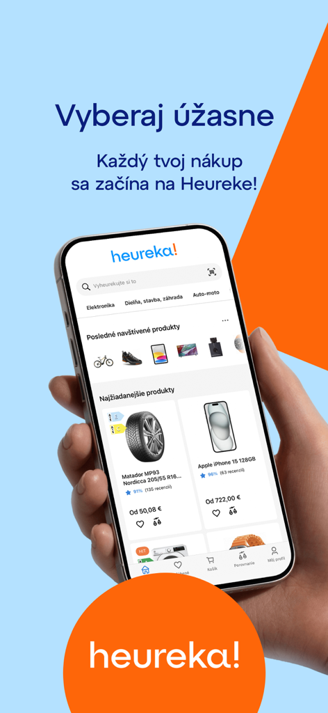 Application Heureka.sk sur l'écran d'un smartphone montrant la comparaison des prix et les produits les plus demandés comme l'iPhone et les pneus de voiture