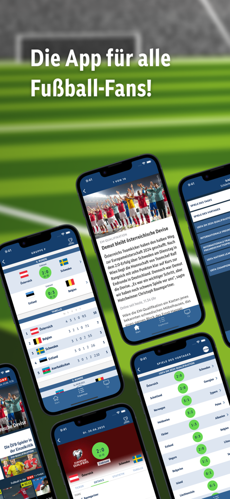ORF Fußball - ORF Fussball app screenshots showing soccer match results and sports news in German