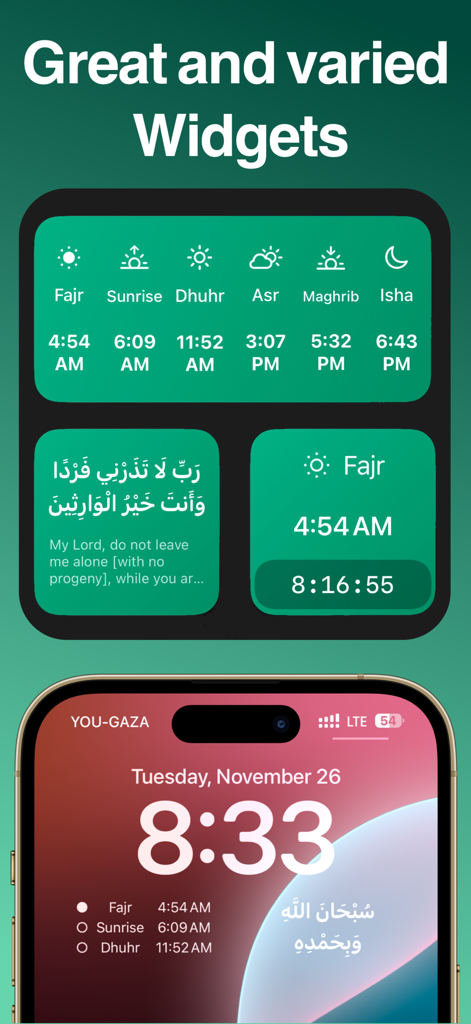 Azkar - اذكار : Athan & Prayer - Widgets iOS de l'application Azkar affichant les heures de prière et les supplications quotidiennes sur un écran d'accueil et de verrouillage d'iPhone.