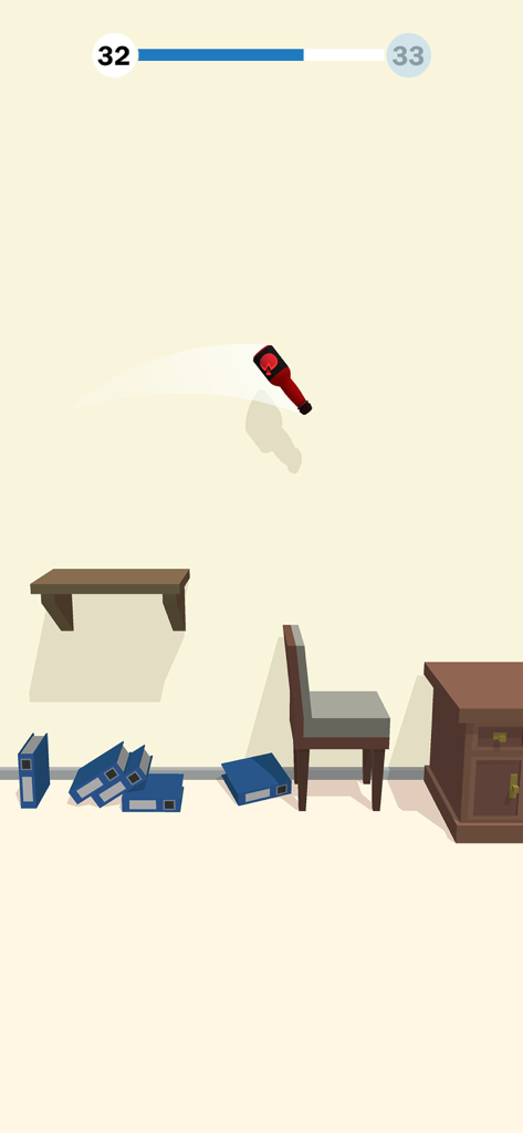 Red bottle flipping in the air above room furniture in Bottle Flip 3D
