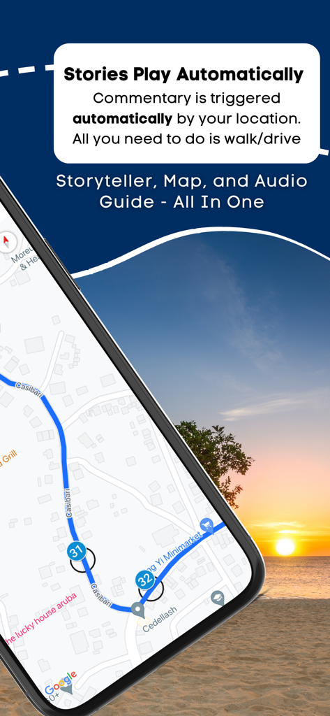 Aruba Self-Guided Island Tours - Aruba self-guided tour app interface showing GPS map route with automatic audio story feature.