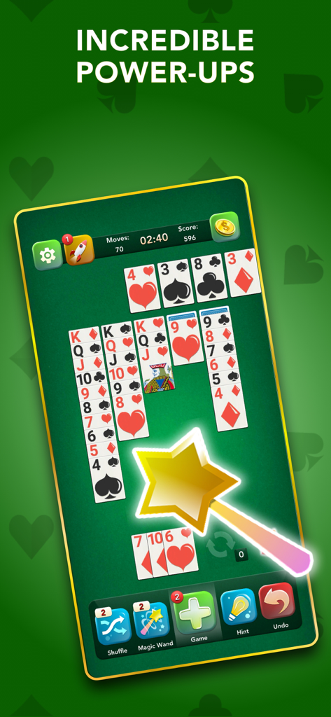 Solitaire Classic Card Game. - Interfaz del juego de Solitario que muestra increíbles potenciadores y una varita mágica