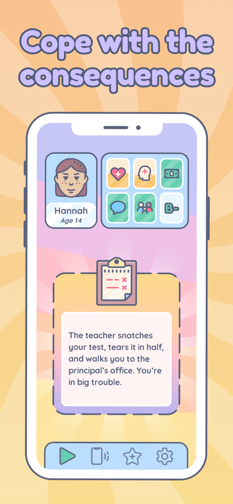 A screenshot of Everlife life simulator displaying a dramatic story scenario and character statistics.