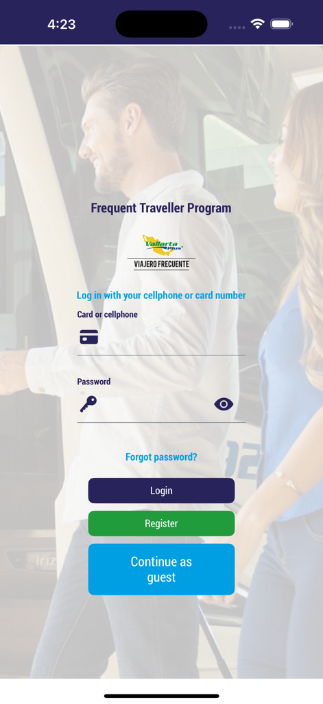 Schermata di accesso dell'app Vallarta Plus per il Programma Viaggiatori Frequenti con campi per numero di tessera o cellulare e password.